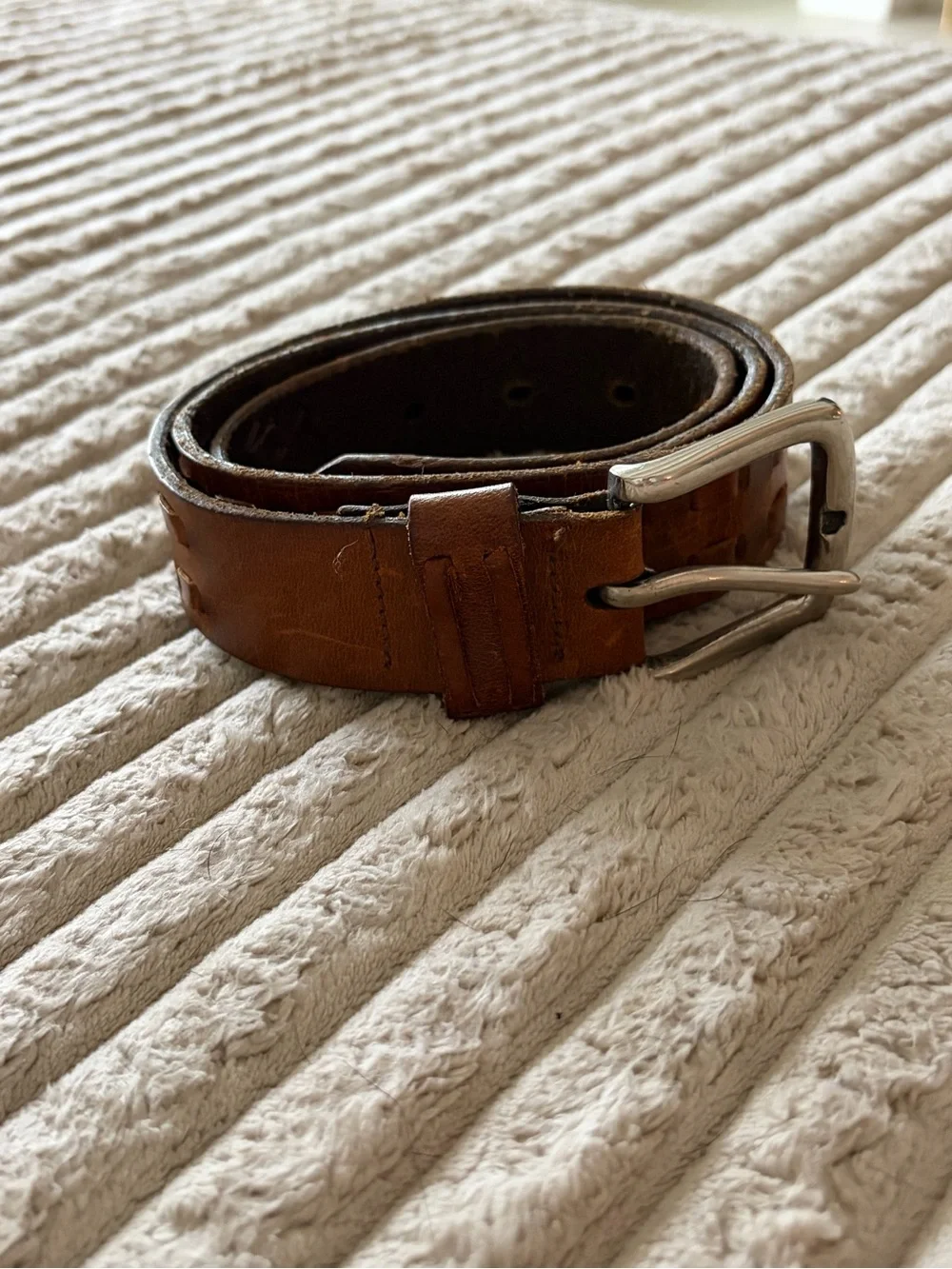 Men's Tan Leather Belt with Polished Silver Buckle
